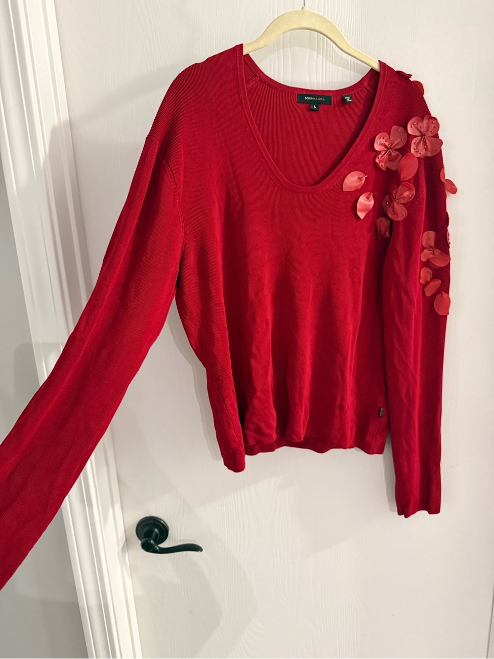 BCBGMaxAzria Size L Ribbed Red Embellished V-Neck Sweater